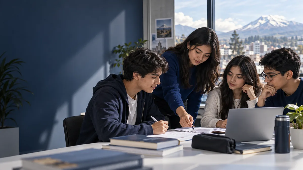 Ilustración provisional de estudiantes colaborando alrededor de una mesa de estudio.