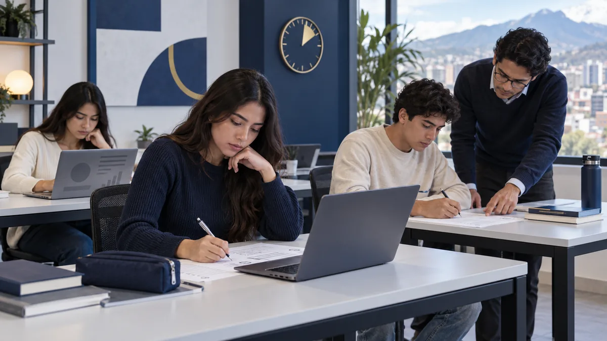 Ilustración provisional de jóvenes realizando una práctica académica cronometrada.